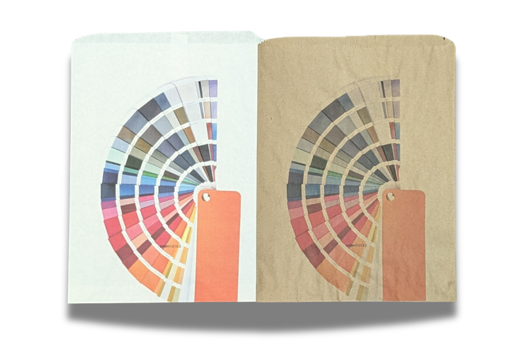 Image showing color variations from a digital printer on white and recycled natural kraft paper bags.